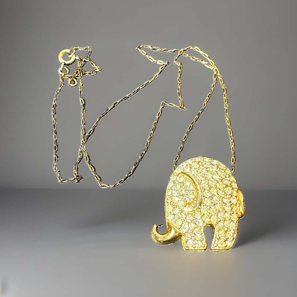 Vintage Signed Eisenberg Rhinestone Elephant Pendant Necklace Marked 12K GF
